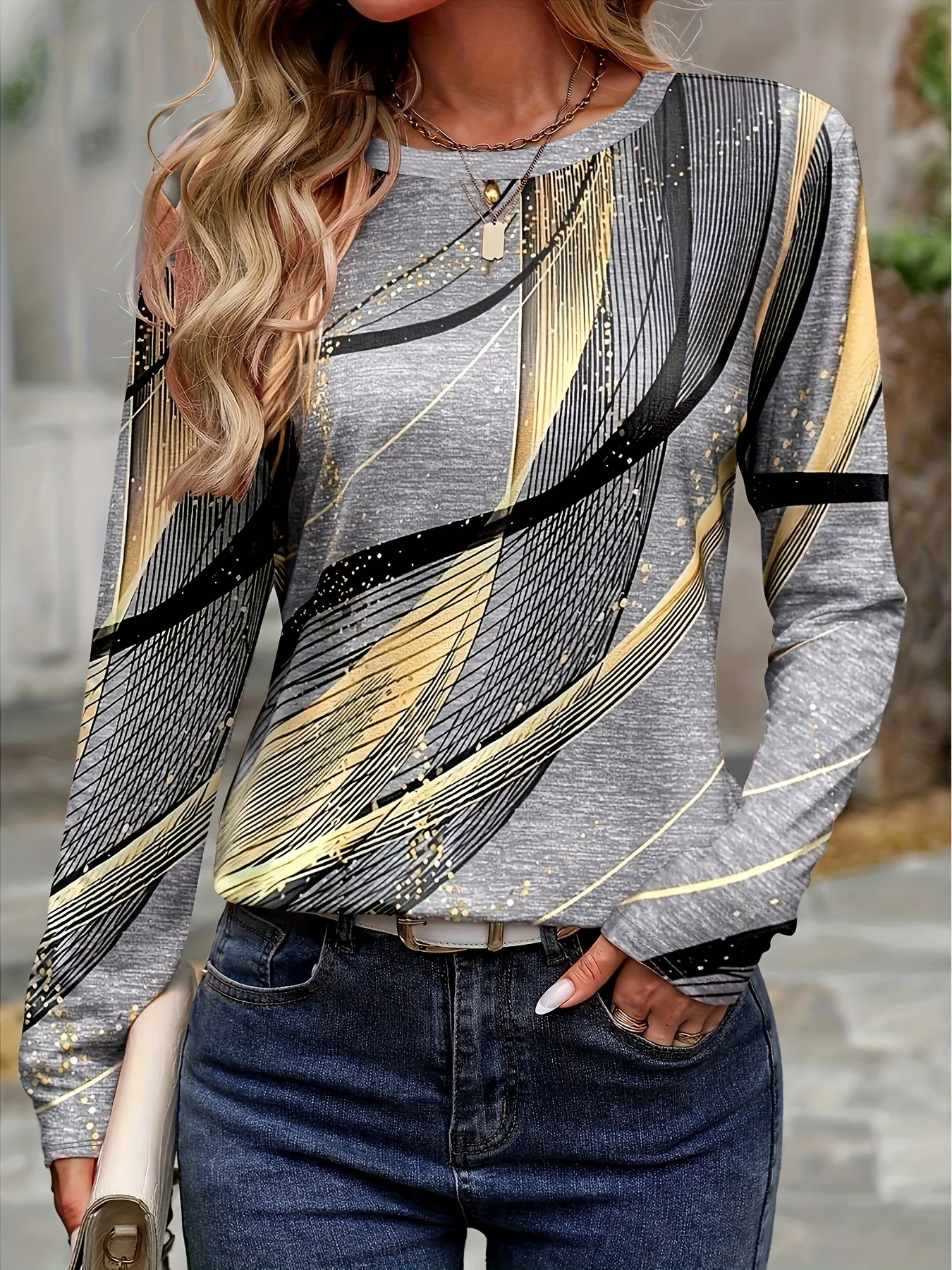 Women's 3D Printed Striped Elegant Printed T-shirt Fashion Long Sleeve Round Neck Regular Tops Holiday Weekend Spring Autumn