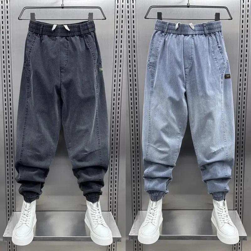 

Large Size 300 Pou Distred Splicing Jeans Men's Summer American Retro Loose Cuffed Nine Points Hareng Pants