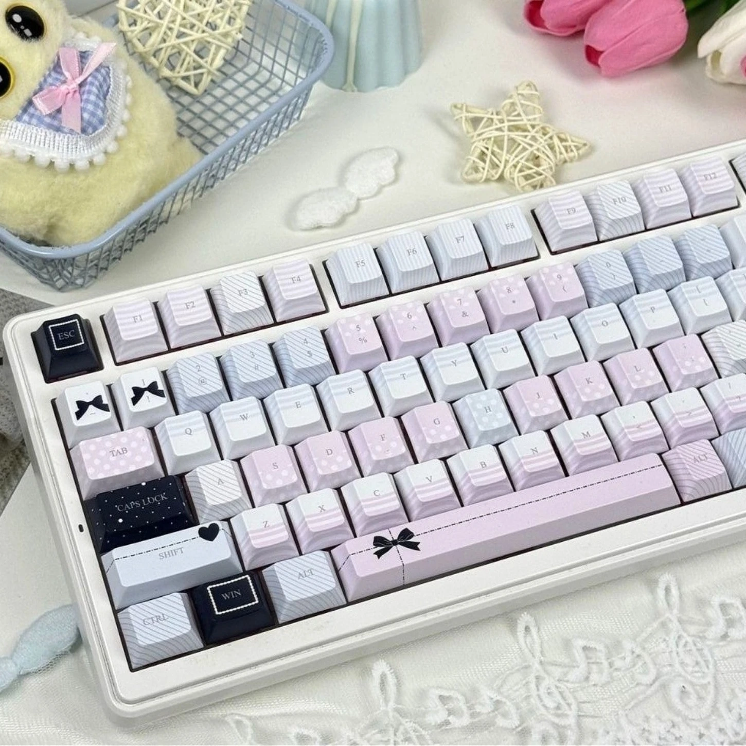 Cherry Profile PBT Keycaps 127 Keys Cold White Pink for MX Cross Switch Magnetic Axis Mechanical Keyboard
