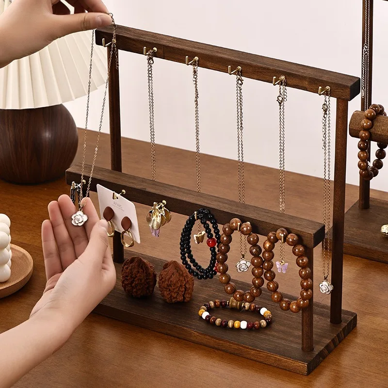 Wooden Jewelry Display Stand Multifunctional Necklace Showcase Shelf Double-layer Rings Organizer Holder Bracelet Display Rack