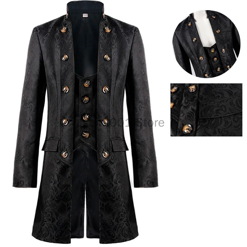 Men'S Fake Two Piece Set Medieval Long Jacket Jacquard Victorian Vest Coat Buttons Up Gothic Prince Cosplay Steampunk Pirate