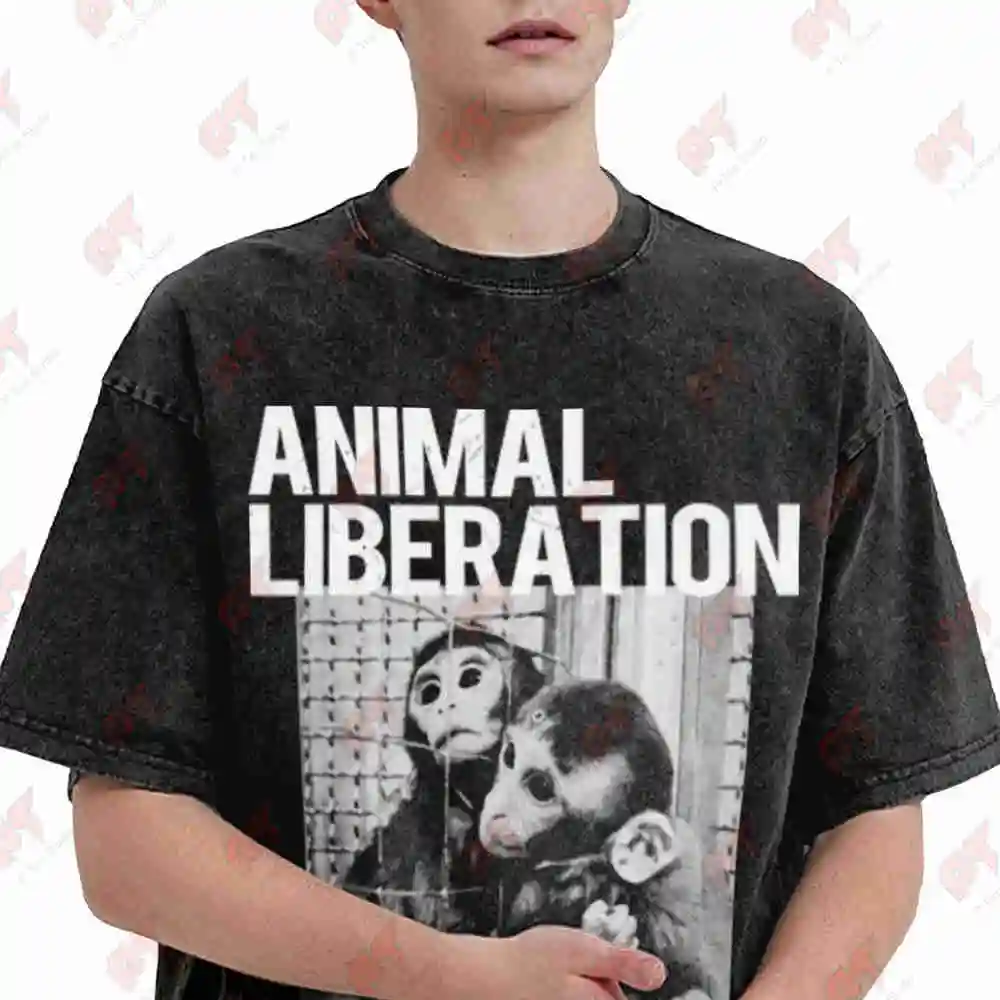 Animal Liberation Vegan Rights Punk Chimpanzee Human Equality Vintage Washed Tee Pure Cotton T-Shirt