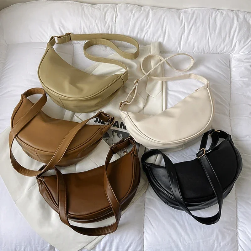 2024 New Fashion Women's Hobos Sac Soft Leather Shoulder Messenger Bags for Women Wide Female Half Moon Purse and Handbags Brand