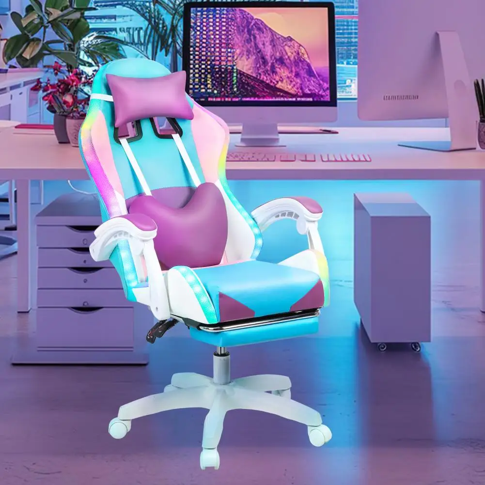 Gaming Chair 360 Degree Rotation Office Chair With RGB LED Lights Height Adjustable Girl Video Chair With Massage And Footrest