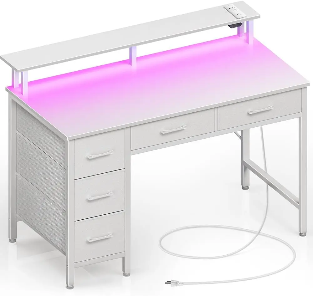 

Computer Desk with Power Outlets & LED Light, 39 inch Home Office Desk with 5 Drawers, Writing Desk with Monitor Stand