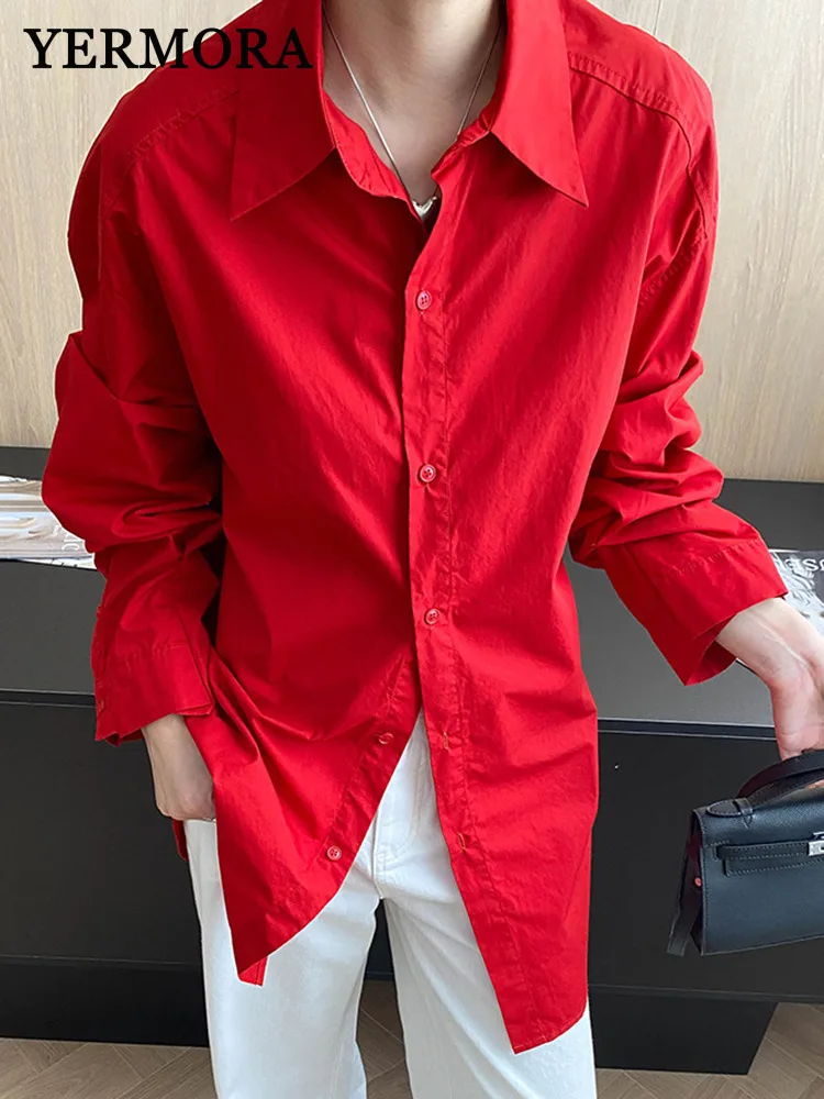 

YERMORA красная пуговица, короткая повседневная блузка большого размера для женщин, свободная новая рубашка с длинными рукавами и лацканами, модная весна-осень 2025
