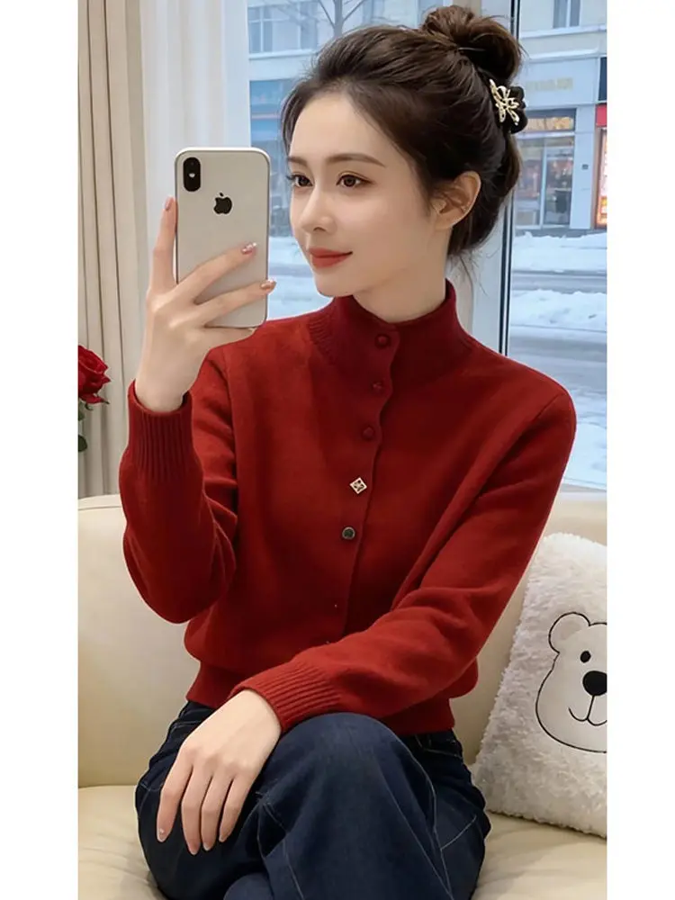 

Red Heart Bule Sweater Versatile Knitted Women's Innerwear Outerwear Unique Beautiful Casual Loose Fit Long Sve Knit Top