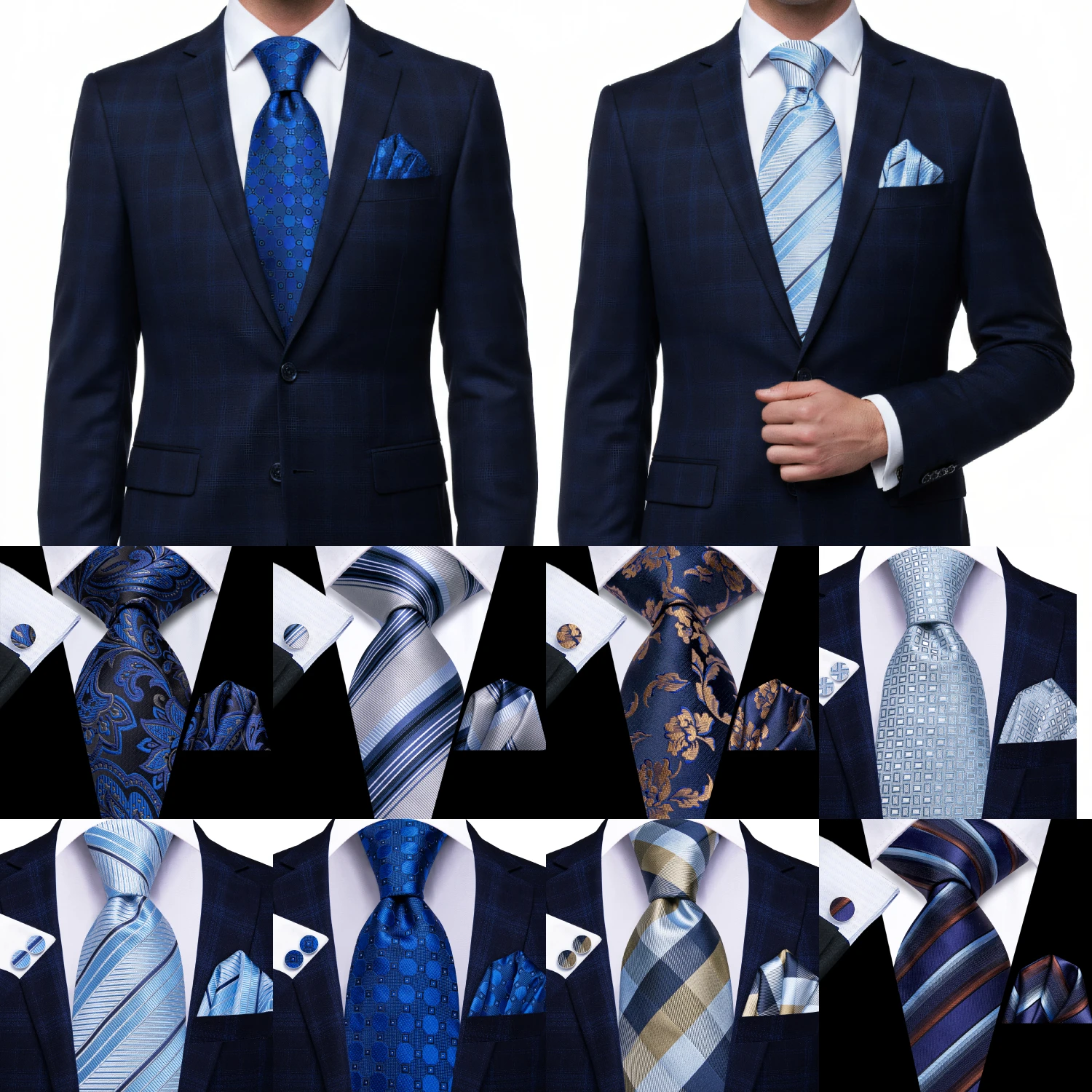 Hi-Tie Mens Gift Tie Set Blue Solid Striped Silk Wedding Tie For Men Fashion Design Quality Tie Hanky Cufflink Set Dropshipping