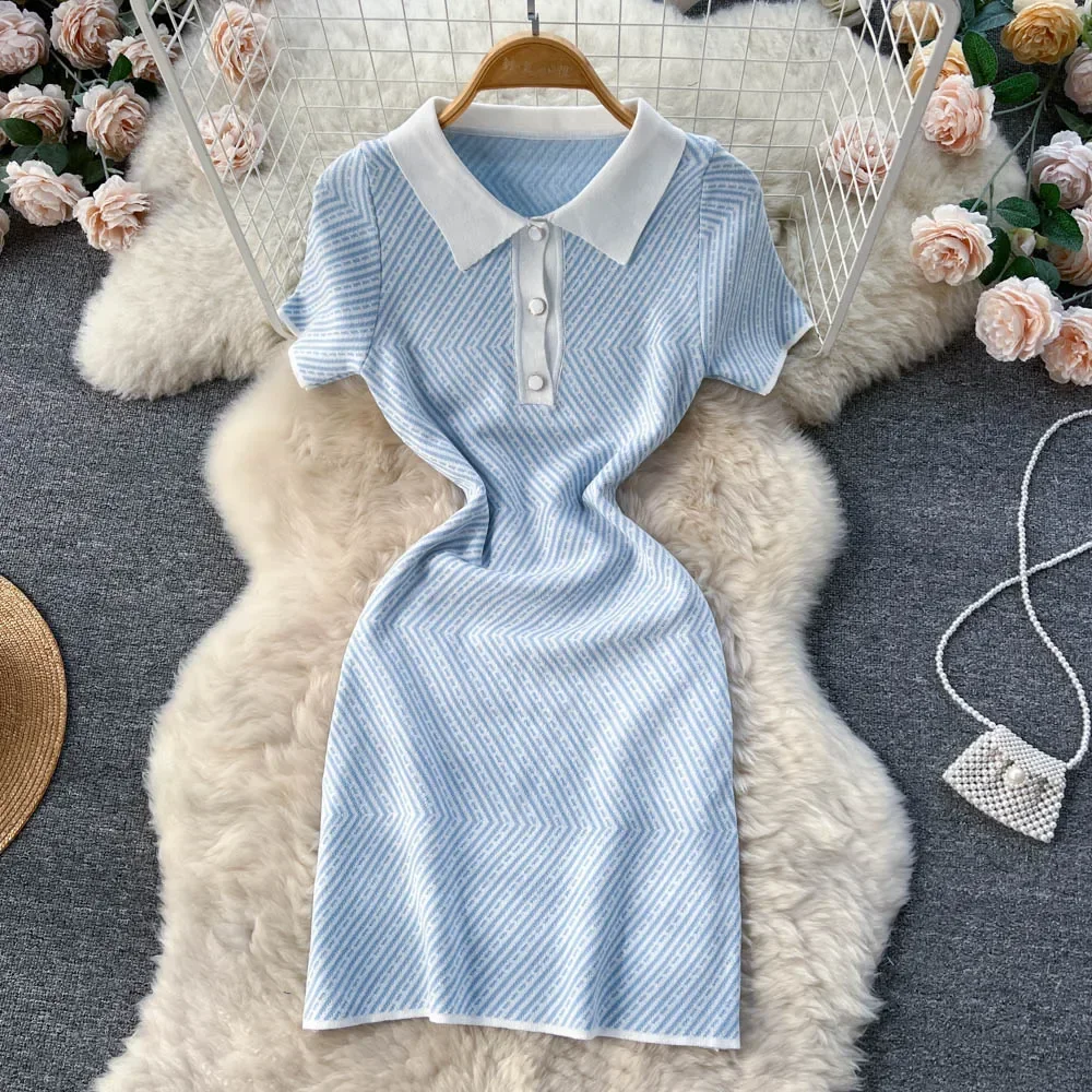 2026 Abito estivo corto lavorato a maglia a righe da donna maniche corte tubino elastico abito sexy da donna abito da spiaggia Hotsweet