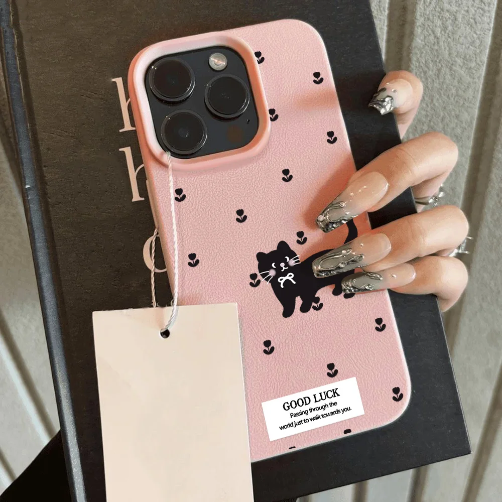 Lines Cute Cat Phone Case For iPhone 13 Case iPhone 15 16 11 12 14 17 Pro Max 17 Air Shockproof Bumper Soft Leather Cover Funda