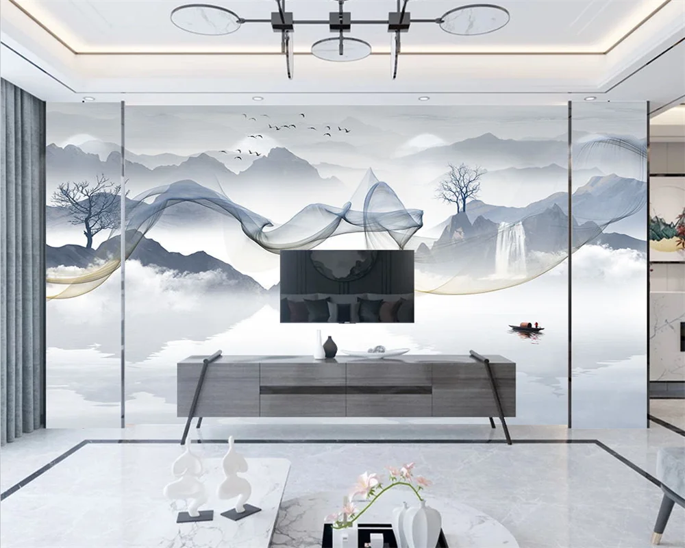 

Beibehang Customized modern new Chinese style ink smoke landscape bedroom living room background wallpaper papier peint