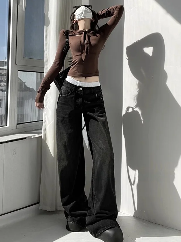 Jeans de Pierna Recta con Cintura Baja para Mujer, Plones Largos Casus de Pierna Ancha, Plones Largos hasta el Sue...