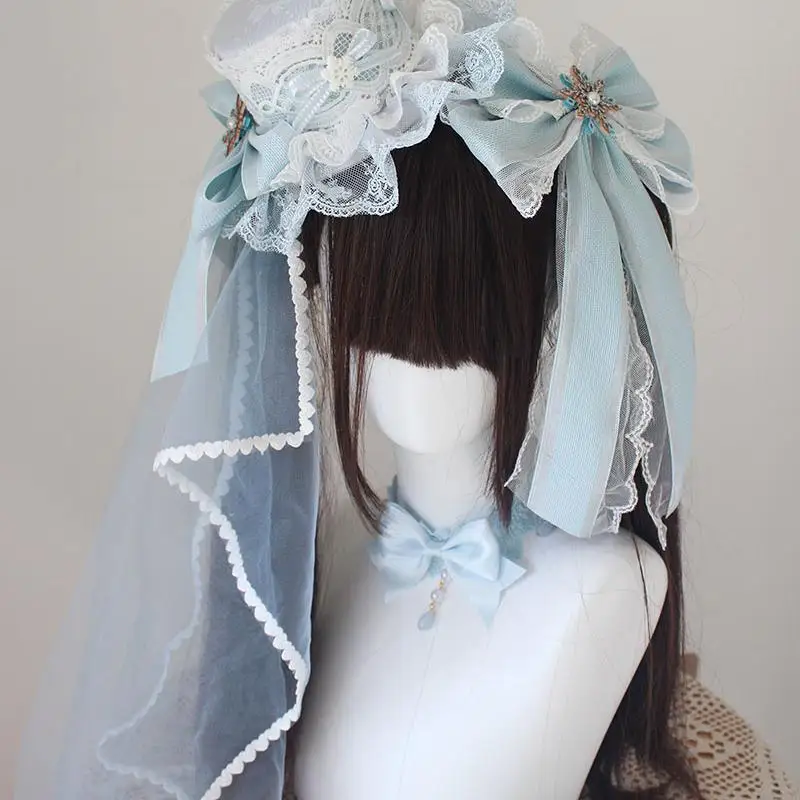 Natal g luz azul gorro chapéu superior bandana bnt laço arco kc mangas de mão lolita borda clipe bandana