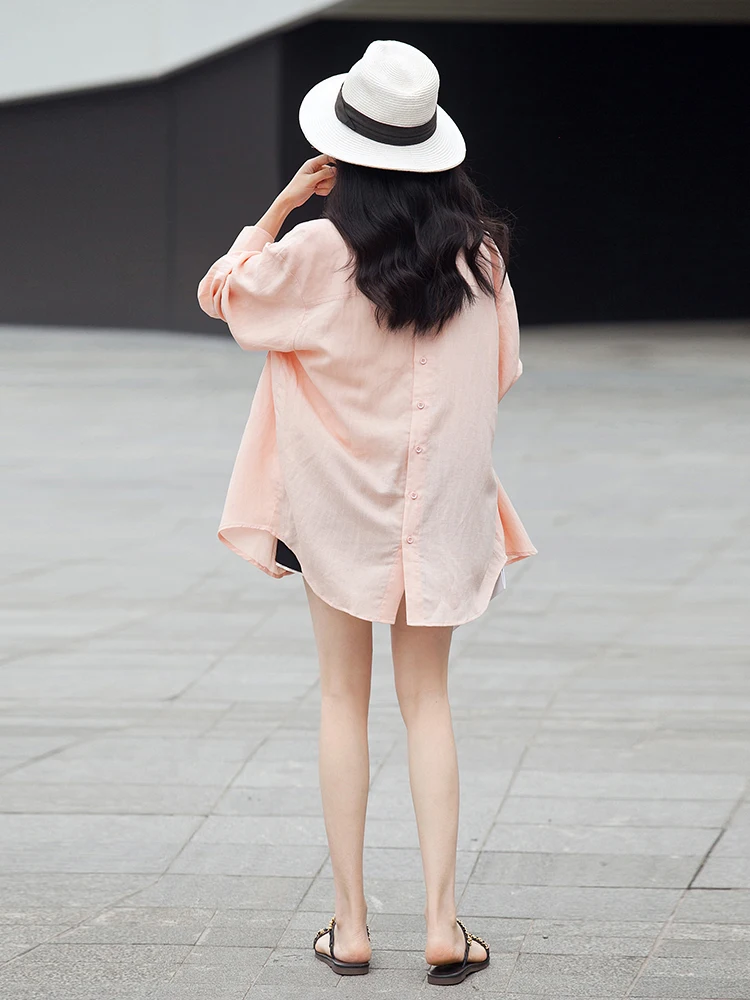 

Льняная рубашка Ele свободного кроя для женщин, летняя новинка 2024 года, с эффектом стройности, длинный рукав, воротник, однотонная