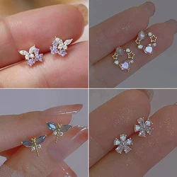 New Exquisite Shiny Purple Zirconic Butterfly Stud Earrings For Women Cute Green Dragonfly Ear Piercing Party Jewelry Gifts