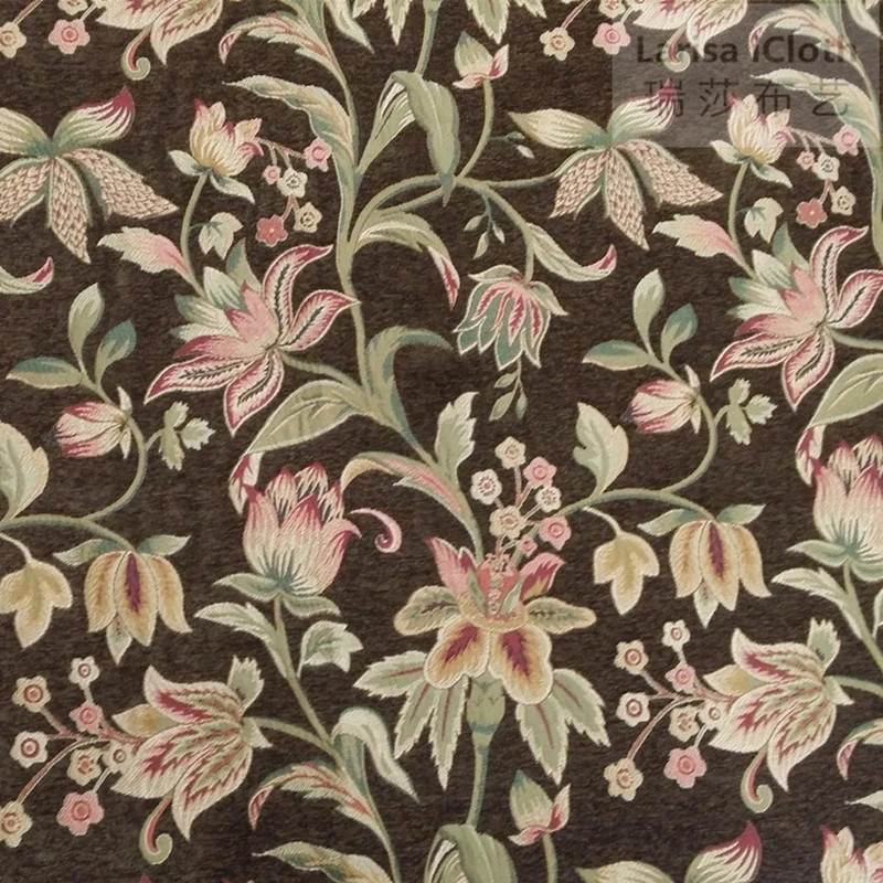 Tissu jacquard rapChenille de luxe, marron, floral américain, canapé, chaise, grill, hôtel, villa, solutions.com, largeur 280 cm, vendu au mètre