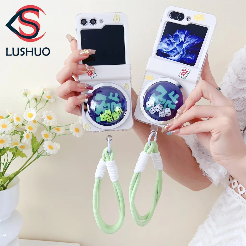 LUSHUO-funda de teléfono para Samsung Galaxy Z Flip 5, carcasa de leopardo de cuero con cordón para Z Flip5 ZFlip5 ZFlip 5