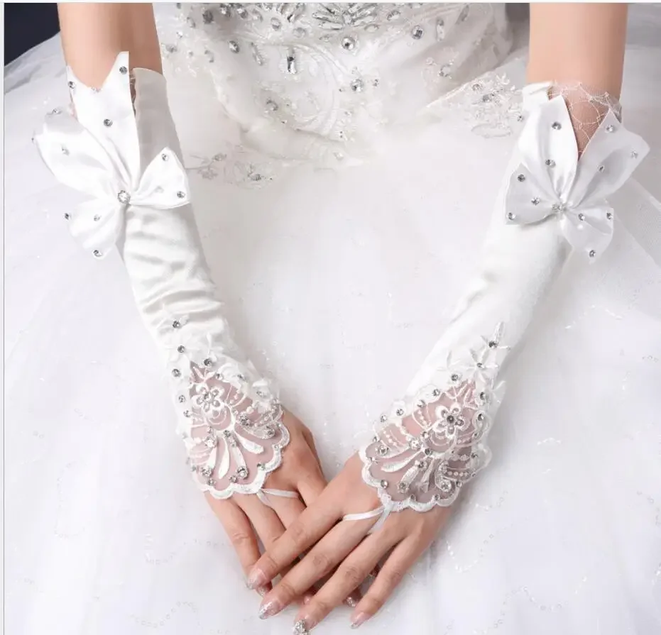 Womens Long Satin Gloves Fingerless Beaded Sequins Bridal Wedding Accessory Womens Bow Gloves