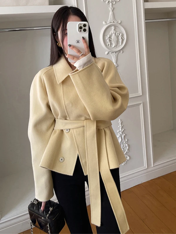 

Зимнее шикарное шерстяное пальто, женское модное трикотажное изделие с высокой талией и поясом, свободный крой, осенняя сезонная ткань Crt