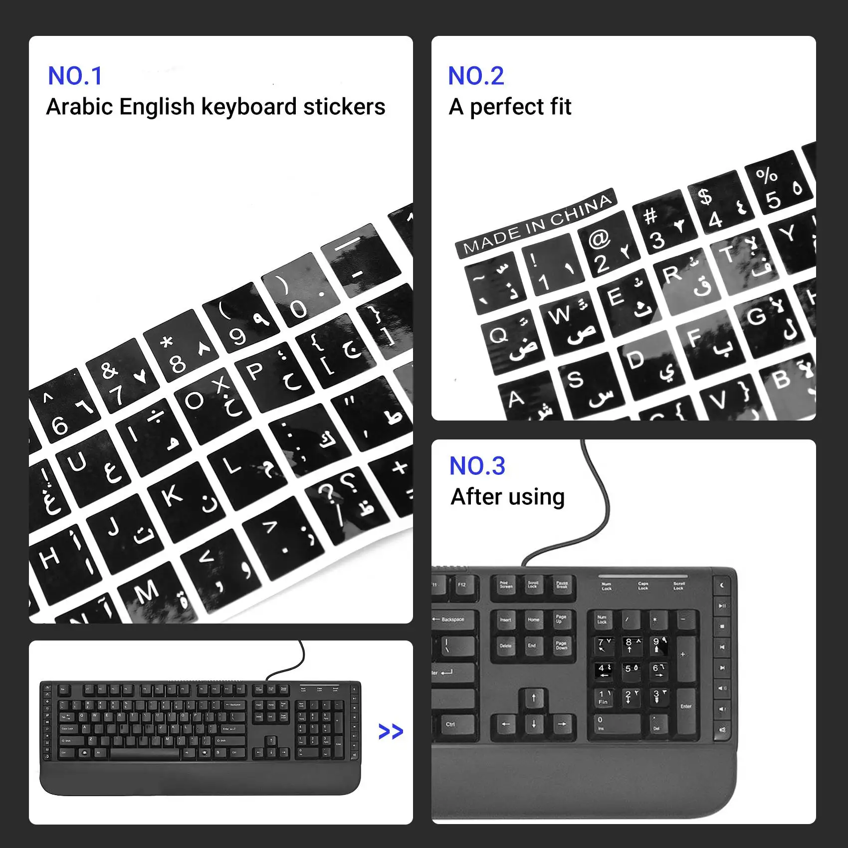 Árabe Inglês Teclado Sticker, Letras Brancas, Decalque para PC portátil, Preto