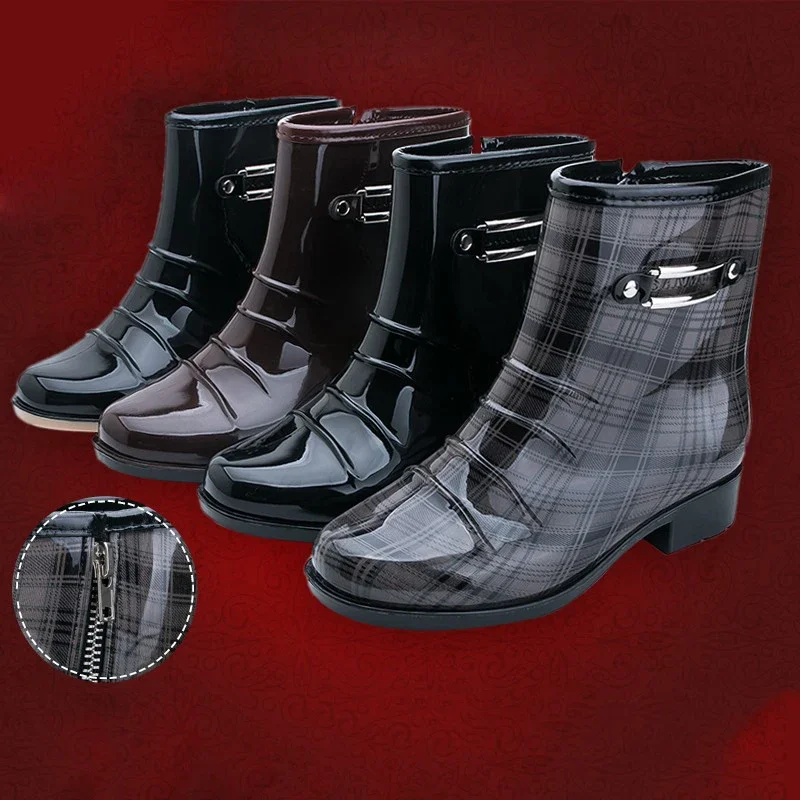 Black Rubber Rain Boots Women wellies PVC Gumboots Vamp Rubber Sole Galoshes Gumboots Rainboots Women Round Toe Slip-On