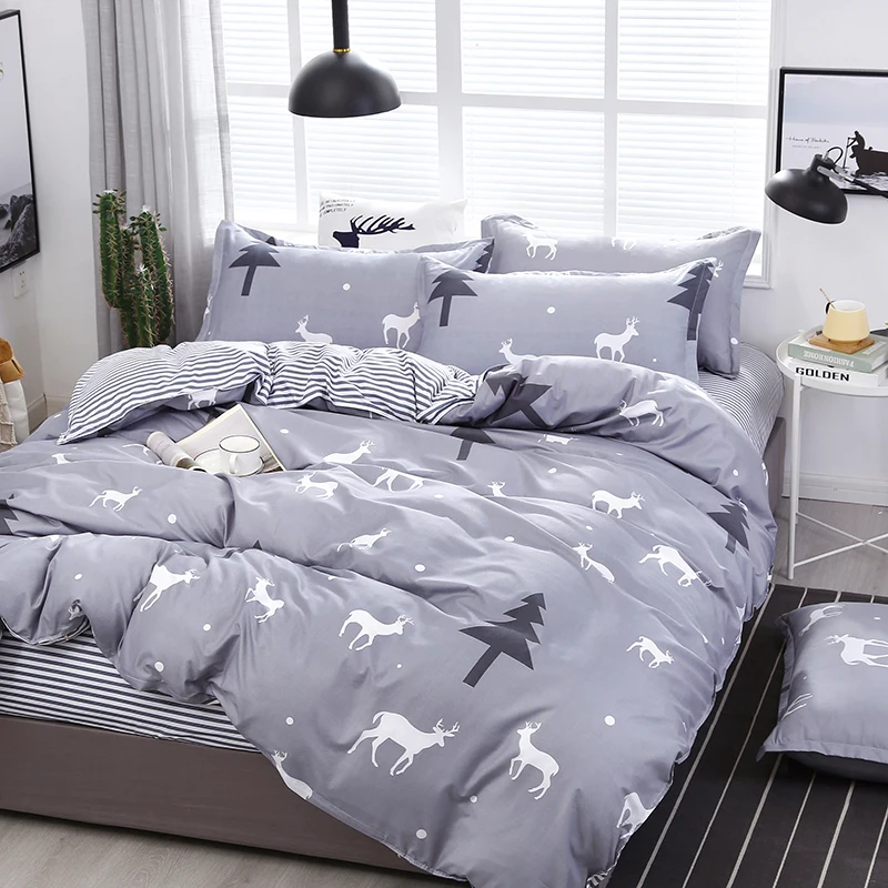 1PC Duvet Cover Gray Deer Pine Tree Dot Stripe Patchwork Skin-Friendly All-Season for Single Double Queen King Bed