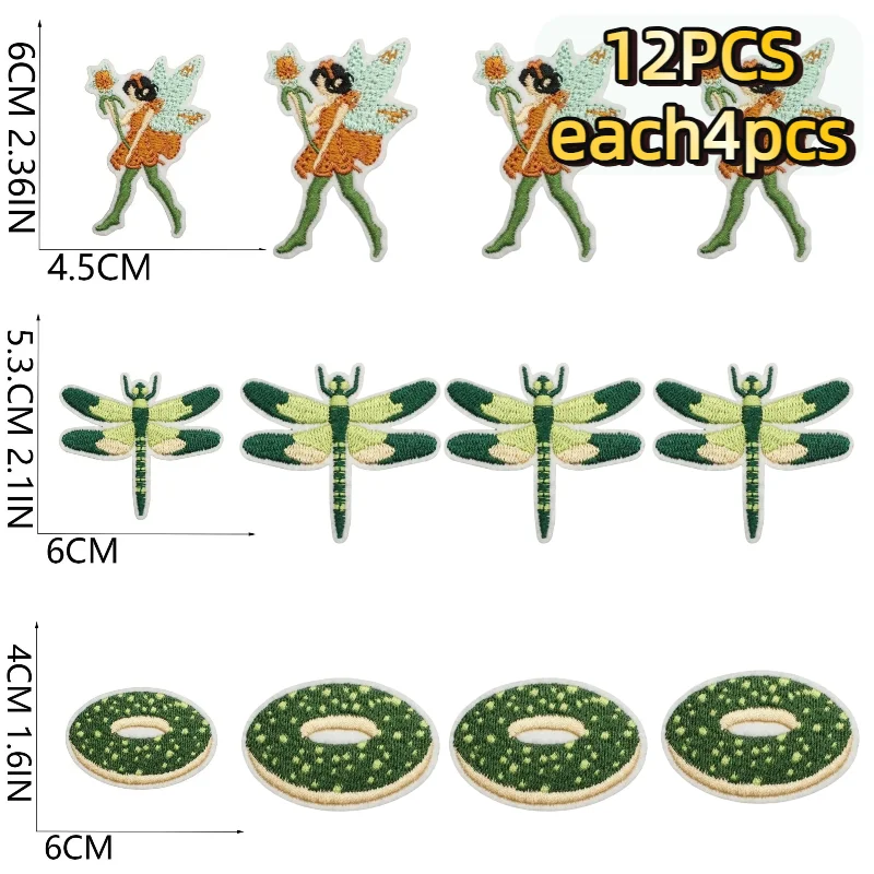 10/12PCS Green Flower Fairy Embroidery Cloth Sticker Elf Cat Patch Sticker Cartoon Nostalgic Camera Dragonfly Chapter Boy