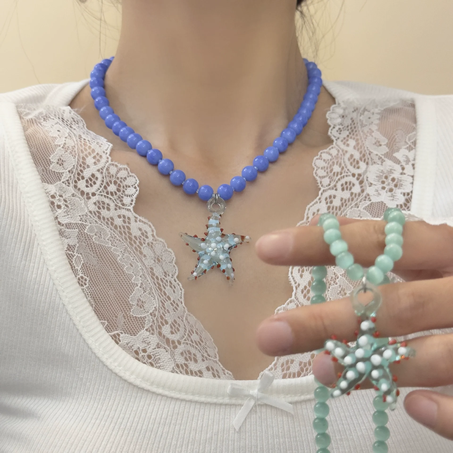 HangZhi Cute Blue Starfish Bead Splicing Necklace Summer Beach Vacation Jewelry for Women New