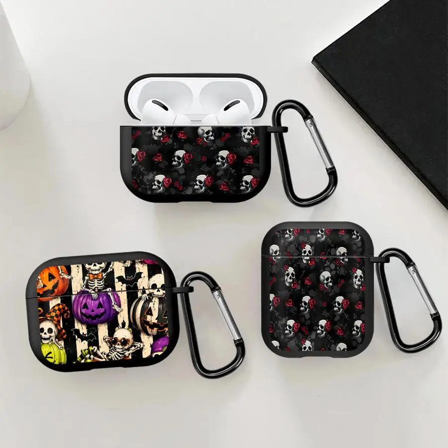 Skeleton Pumpkin Print Case For Airpods 5 Pro Pro2 Pro3 2 3 1 4 Earphone Cases Cover With Hook