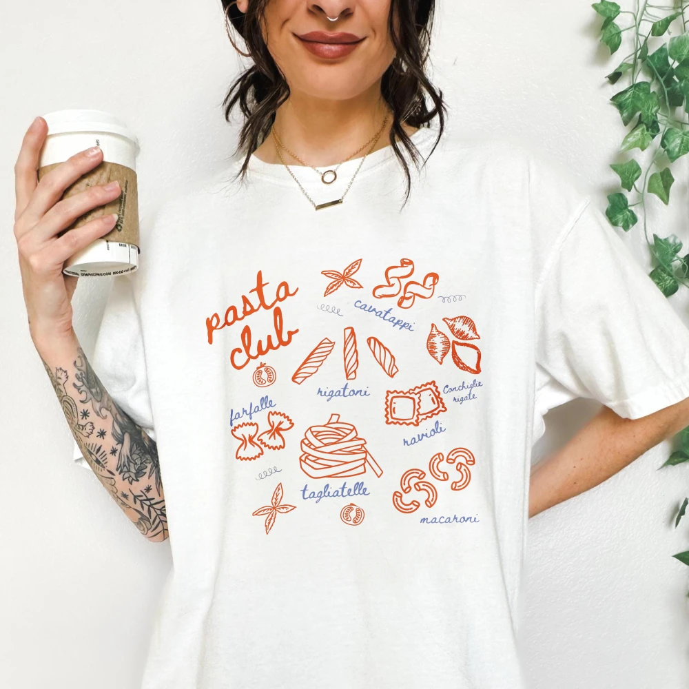 Retro Pasta Club Graphic Tee Hand Drawn Pasta Tees Italian Foodie Cotton Women Tshirt Culinary Hobby Tops Summer Short Sleeve