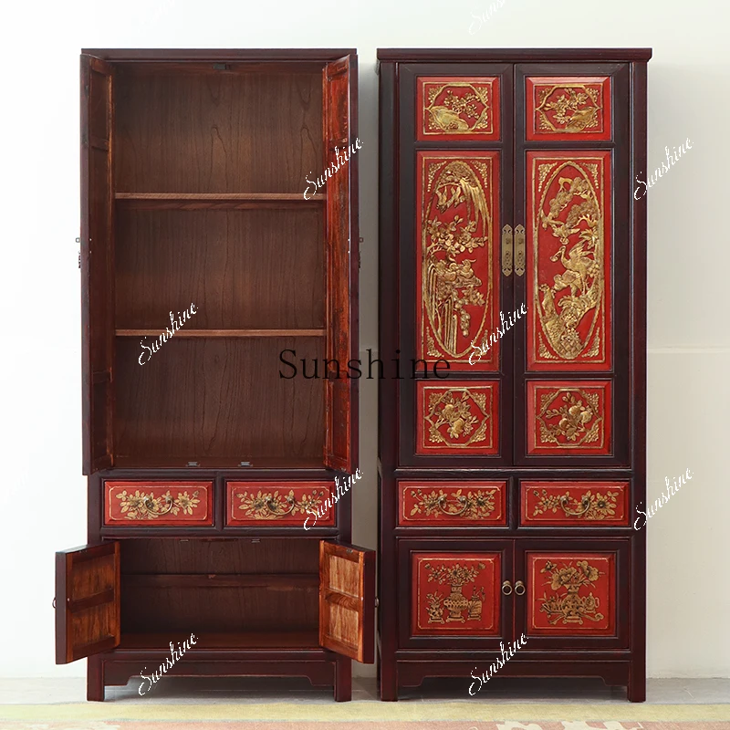 New Chinese solid wood retro gold-painted bookcase size apartment simple locker  FT