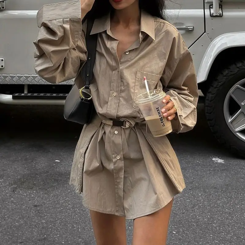 American Street Style Polo Collar Button Fashion Retro Waist Versatile Long Sleeve Dress Women