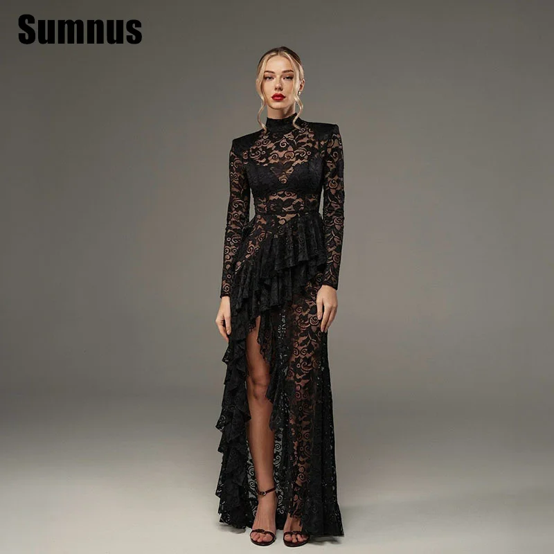 Sumnus vestido de baile de sereia de renda preta elegante mangas compridas sexy fenda lateral vestidos de noite ilusão vestidos formais personalizados