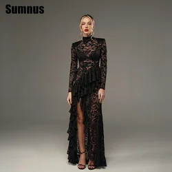 Sumnus Black Lace Mermaid Prom Dress Elegant Long Sleeves Sexy Side Slit Evening Dresses Illusion Formal Gowns Customized