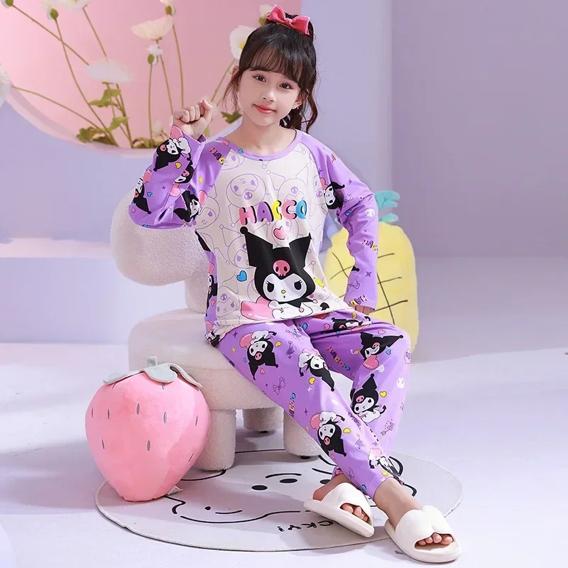 Sanrio Hello Kitty Children Pajama Sets Long Sleeved Kuromi Casual Boys Girls Home Clothing Set Comfortable Soft Warm Sleepwear