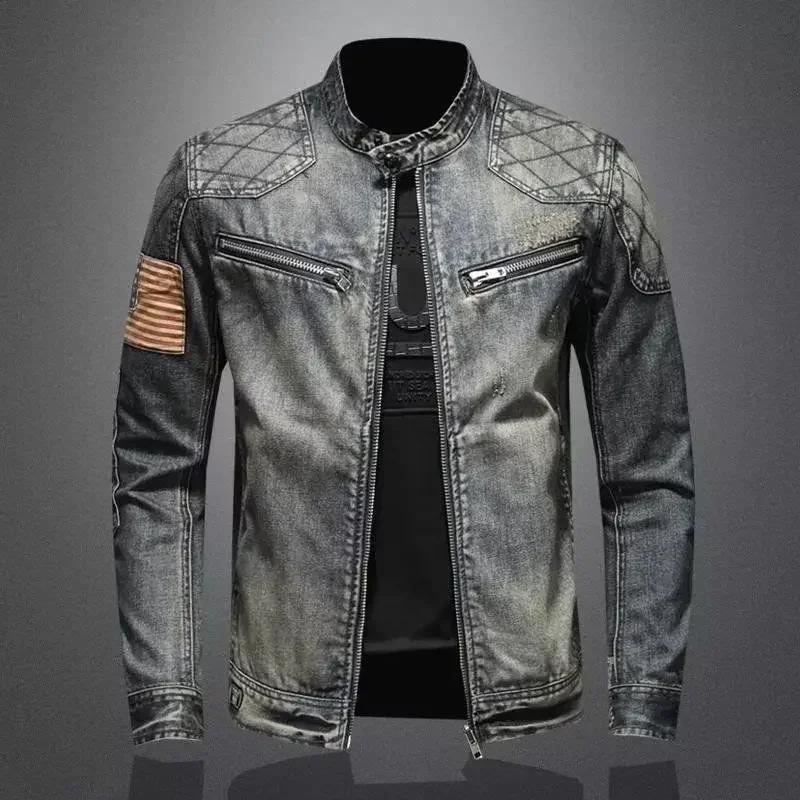 

Men's Spring and Autumn Fashion Brand Luxury Retro Stand up Neck Denim jacket Fashion Loose oversized Motorcycle jacket