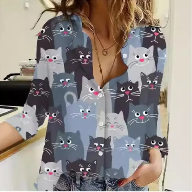 2024 Women\'s Shirt Cat 3D Digital Printing Cute Style Fashionable Casual Trend Lapel Long-Sleeved Cardigan Blouses Femme Blusas