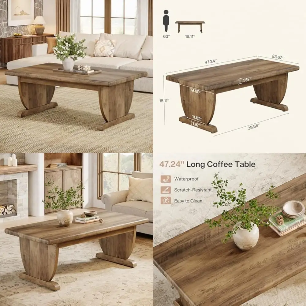 طاولة قهوة كبيرة على طراز المزرعة الخشبية الهندسية مع قاعدة قوية