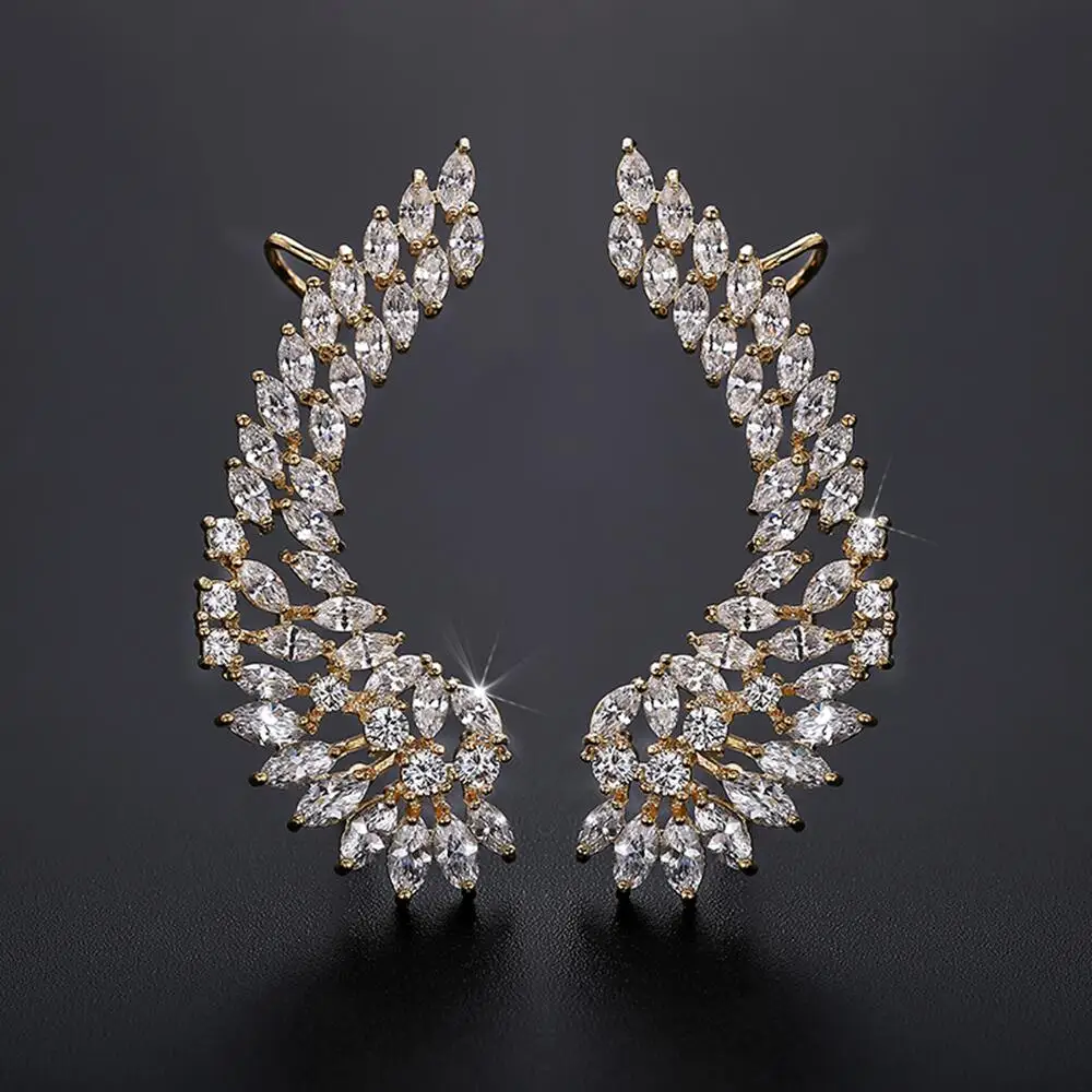 SENYU Fashion Bridal Jewelry Luxury Lady\'s CZ Crystal Angel Wing Ear Sweep Wrap Cuff Earrings Rhodium Plating Climber Earrings