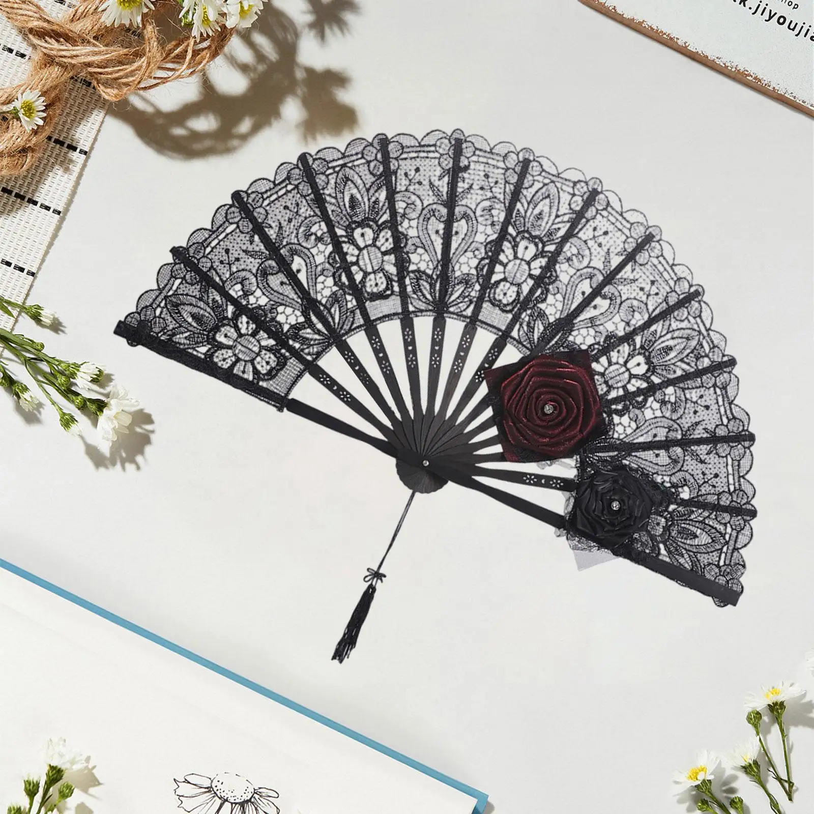 Large Lace Bamboo Folding Fan Elegant Art Handheld Chinoiserie Fan for Dance Stage Performance Gift