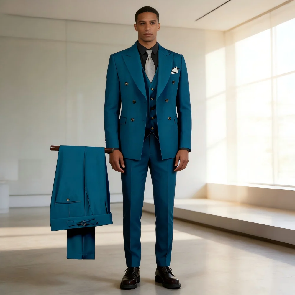 

Customizable Men's White Terno Three-Piece Suit with Cream Lapel Jacket Pants Vest Set with Chest Buckle Adjustment