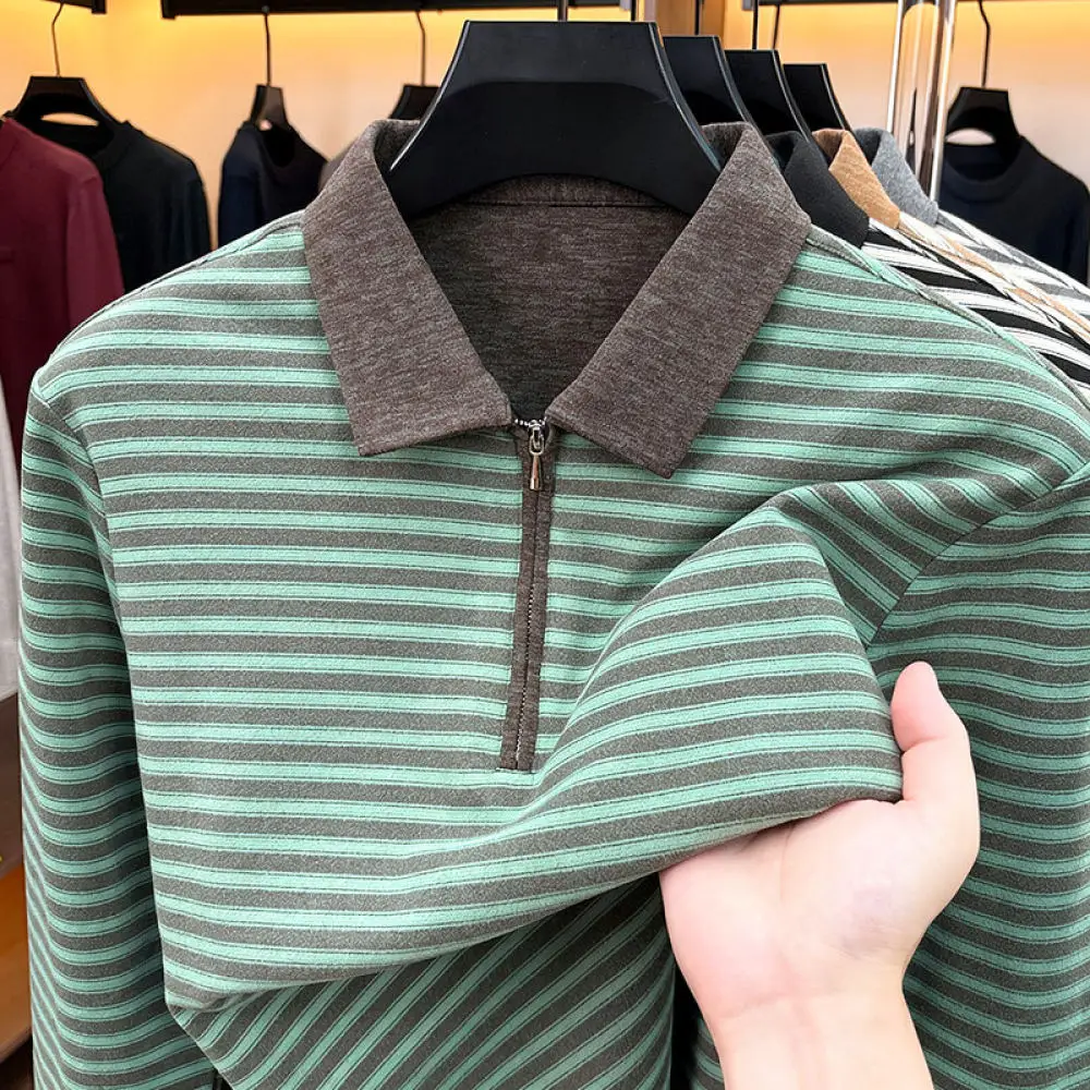 Mens Fashion Long Sleeve Polo Shirt Autumn Casual Business Lapel Tops Breathable Comfortable Polyester Slim Fit Tee