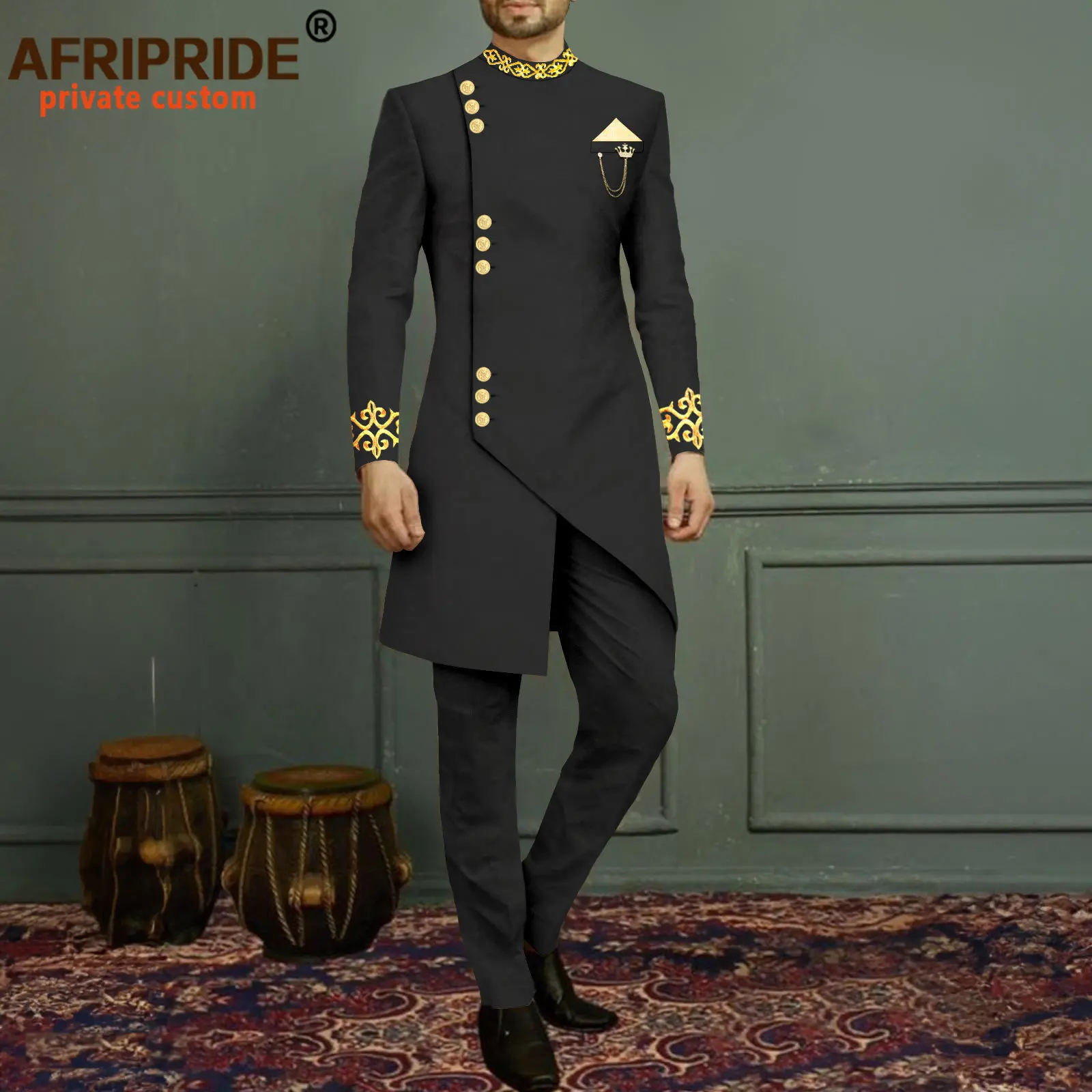 Men`s Suit Slim Fit Embroidery Single Breated Blazer and Pants Set African Clothes with Kerchief Brooch Formal Outfits 2416040