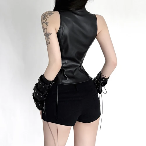 Imagen 2 del producto SUCHCUTE-Chaleco Retro Punk de cuero Pu con funda para mujer, Top gótico negro sin mangas con cuello alto, ropa decorativa de Metal Y2k
