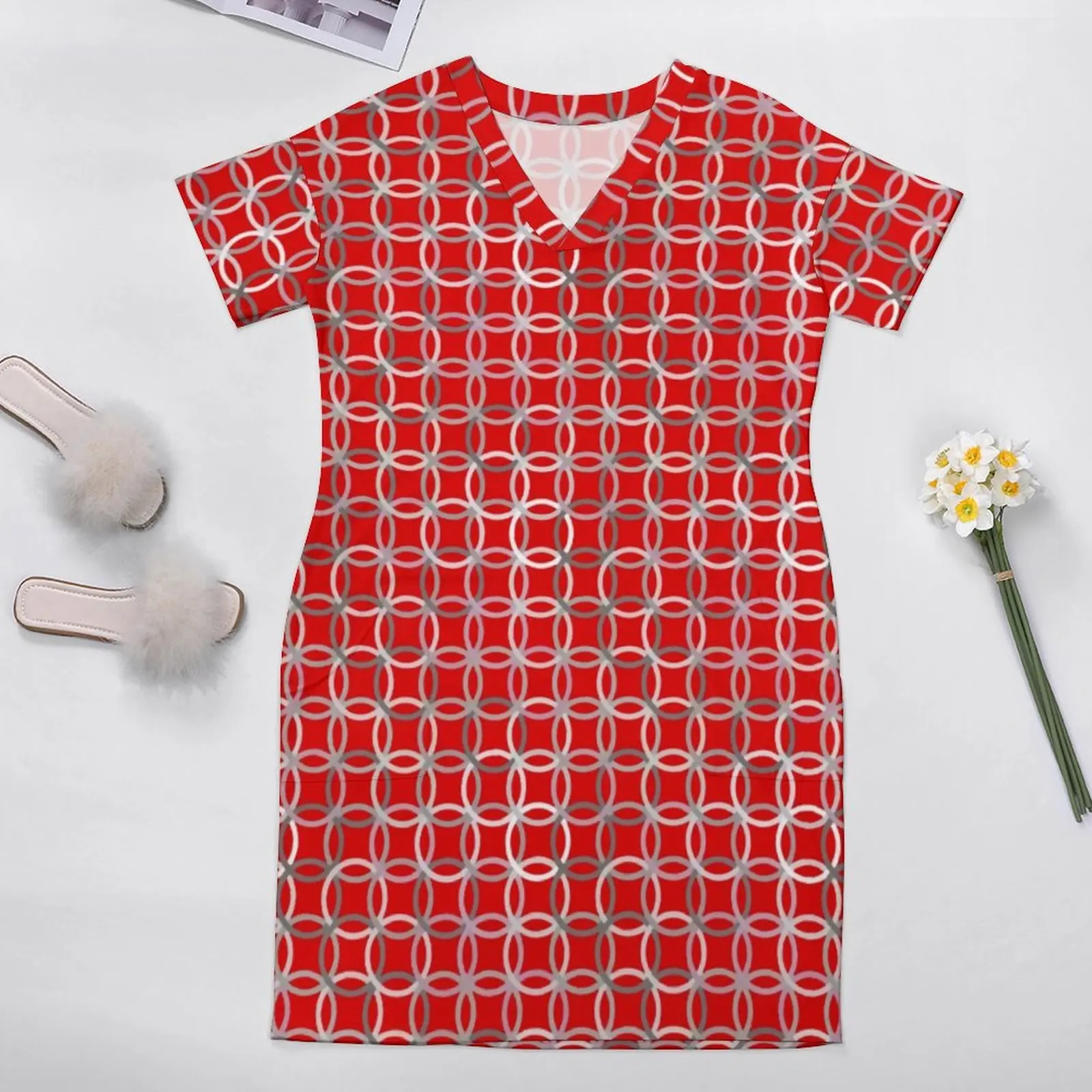 Rot Moderne Kreise Casual Kleid Sommer Mid-Century Kawaii Kleider Weibliche Kurzarm Gedruckt Street Wear Kleid Plus Größe 5XL