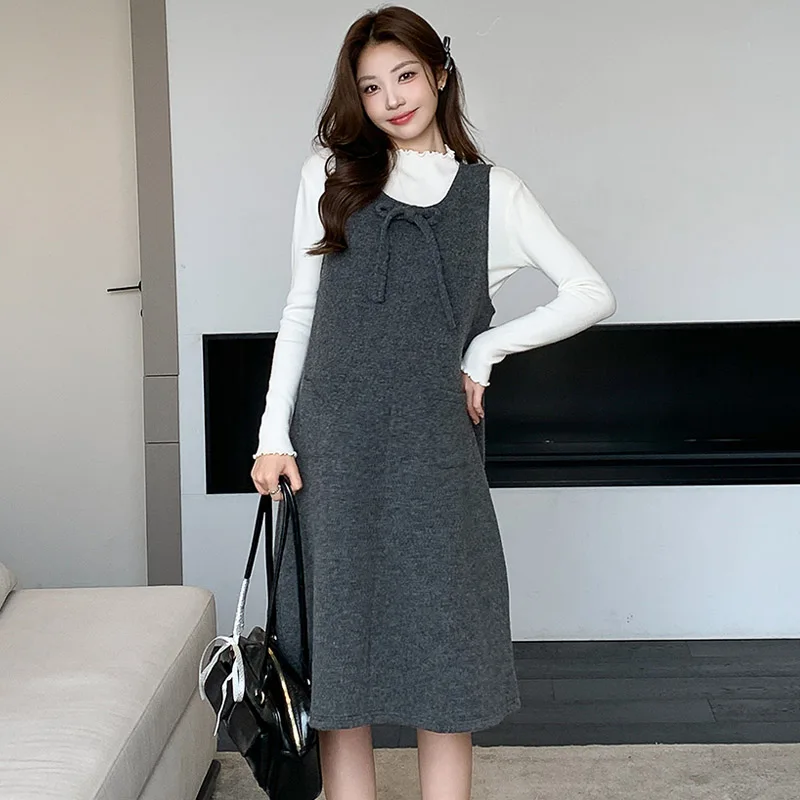 

2025 New Maternity Wool Vest Dress Set for Autumn/Winter Elegant Warm A Line Clothes for Pregnant Women Pregnancy Suits