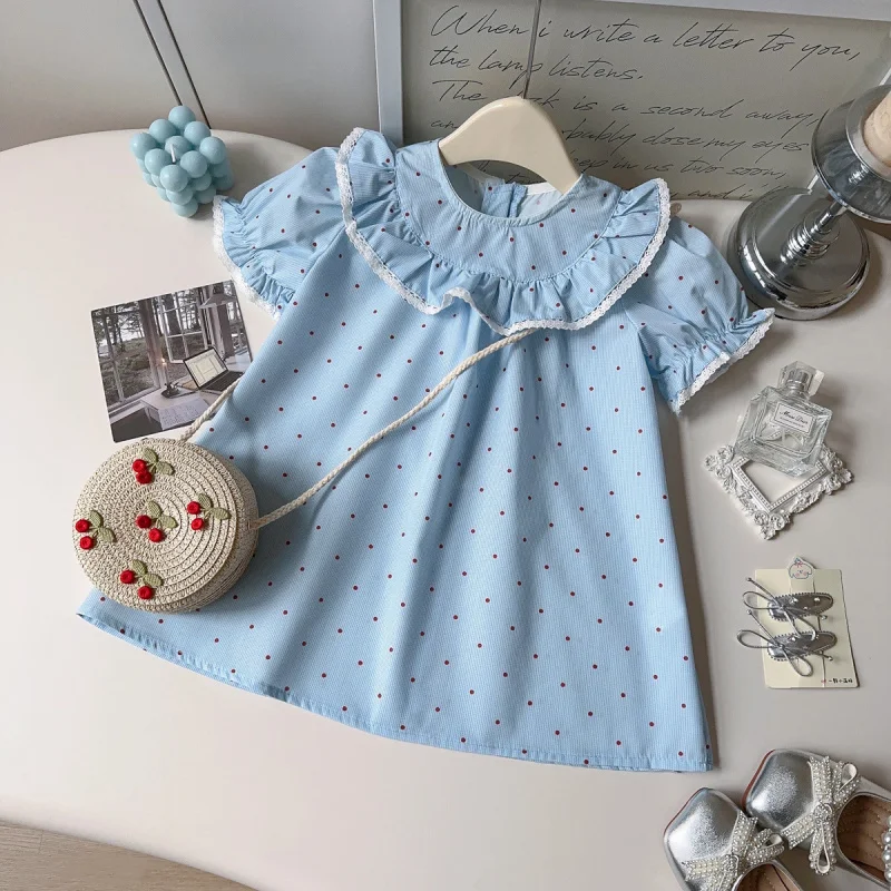 

Little girl's polka dot dress2026New Summer Fashionable Short-Sleeve Zipper Dress for Girls, Round Neck Princess Dress