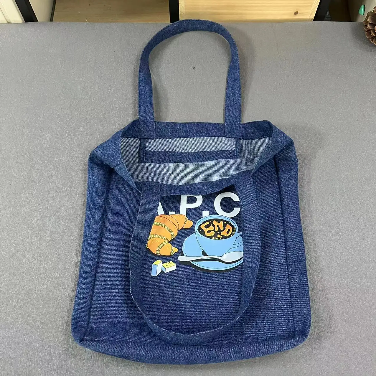 

French Cafe Canvas Shoulder Bag - Embroidered Croissant & Coffee Cup | Distressed Denim Trim Unisex Tote