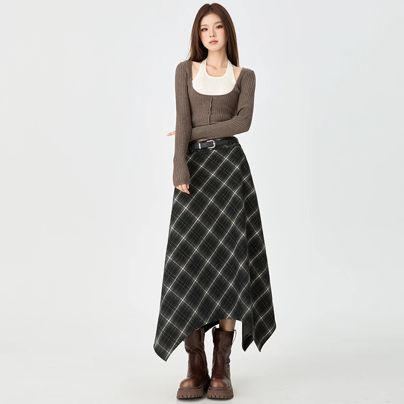 

Autumn and winter woolen skirt for women, high-waisted, drapey, fashionable, vintage, mid-lengthAIrregular plaid umbrella skirt