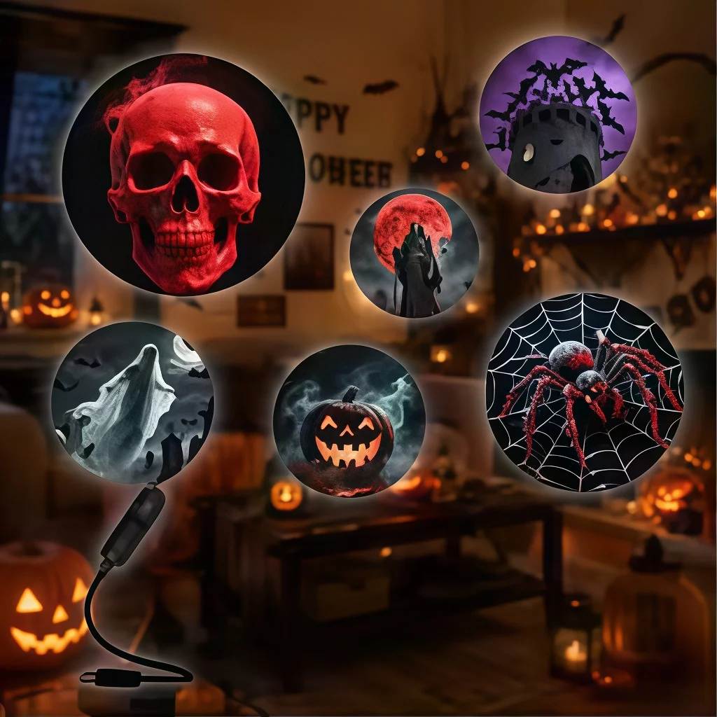 Halloween Series Pattern Projector Lamp USB Powered Pumpkin Ghost Bat Spider Web Projection Light Home Bedroom Wall Decor Holida